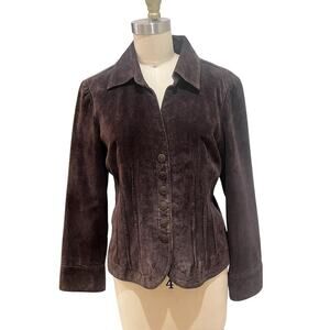 Suede Leather Y2K Brown Jacket Womens Petite Large Snap Up Fitted Western Lined